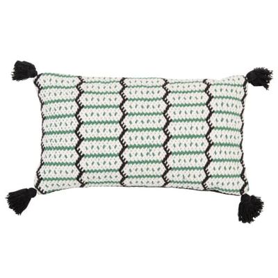Housse de coussin en coton vert, noir et écru à pompons 30x50 | Maisons du Monde