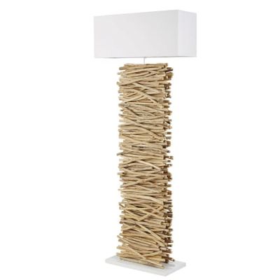 Lampadaire en acacia assemblé à la main et abat-jour en coton blanc H180 | Maisons du Monde