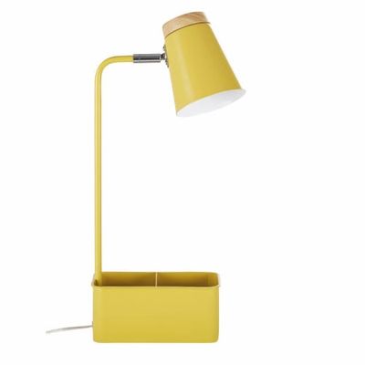 Lampe de bureau avec porte-crayons compartiments en métal jaune et hévéa | Maisons du Monde