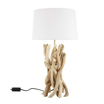 Lampe en bois flotté et abat-jour en coton H 55 cm | Maisons du Monde