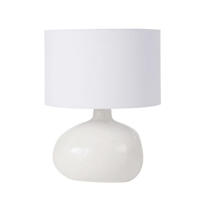 Lampe ronde en céramique blanc et abat-jour en coton blanc | Maisons du Monde