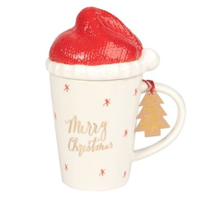 Mug en porcelaine blanche avec couvercle bonnet de Noël | Maisons du Monde