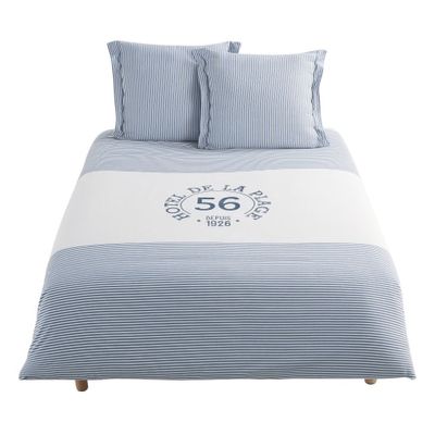 Parure de lit en coton blanc motif à rayures bleues 220x240 | Maisons du Monde