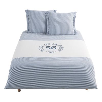 Parure de lit en coton blanc motif à rayures bleues 240x260 | Maisons du Monde