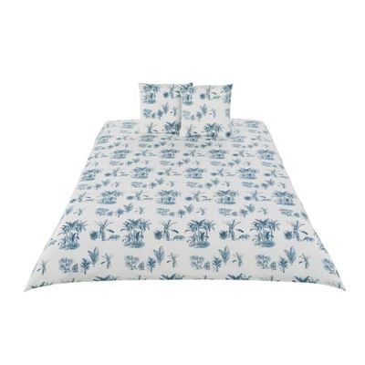 Parure de lit en coton écru et bleu canard imprimé 220x240 | Maisons du Monde