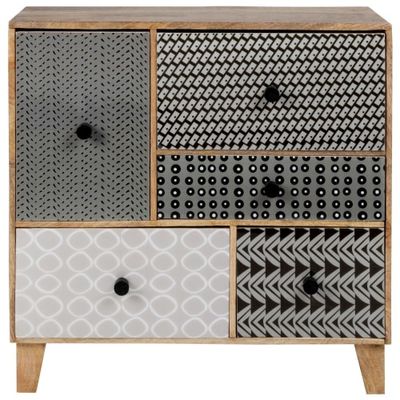 Petit meuble de rangement 5 tiroirs en manguier massif à motifs fantaisies gris, noirs et blancs | Maisons du Monde