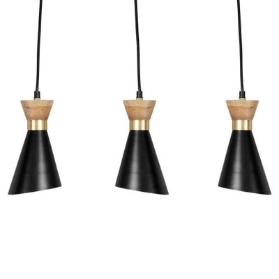 Suspension triple abat-jours en manguier et métal noir et doré | Maisons du Monde