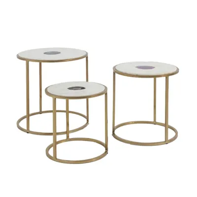3 tables d'appoint gigognes en acier doré et marbre blanc LIMBO