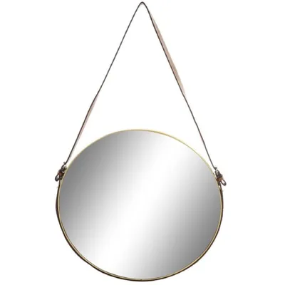 Miroir métal doré suspendu lanière similicuir marron ROND