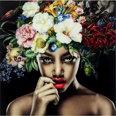 Tableau femme fleurs tropicales en verre 100x100 PRETTY FLOWER WOMAN