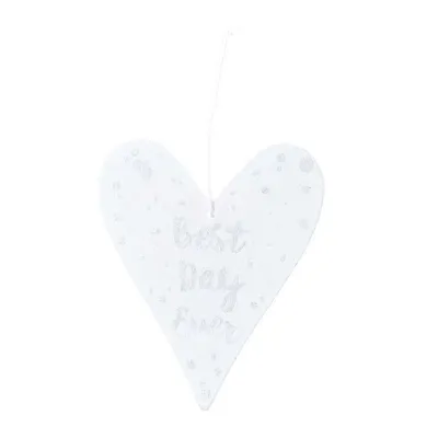 Pendentif cœur en bois blanc et écriture argentée BEST DAY EVER