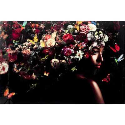 Tableau femme voile de fleurs et de papillons en verre 150x100