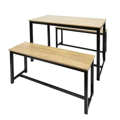 Ensemble  table repas + 2 bancs effet bois REMY