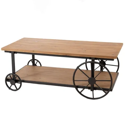 Table basse   sur roue en bois  marron