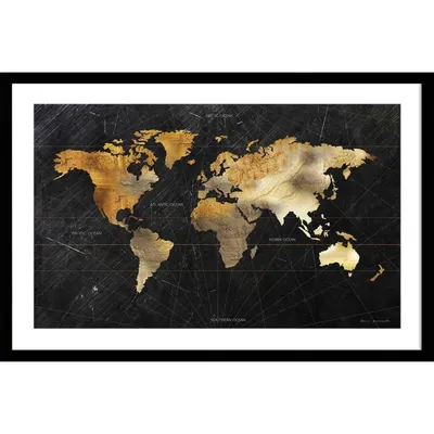 Affiche carte du monde dorée avec cadre noir 60x40cm