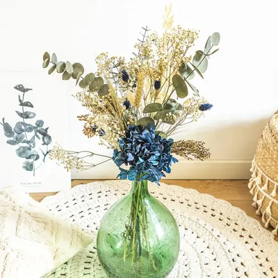 Bouquet de fleurs séchées pour dame jeanne hortensia bleu