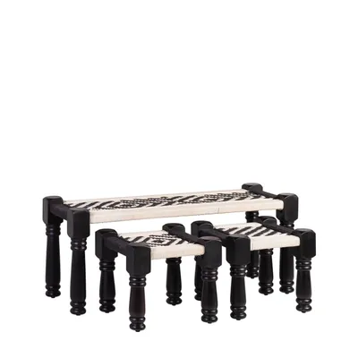 Set de 2 bancs et 2 tabourets en bois et ficelle bicolorée