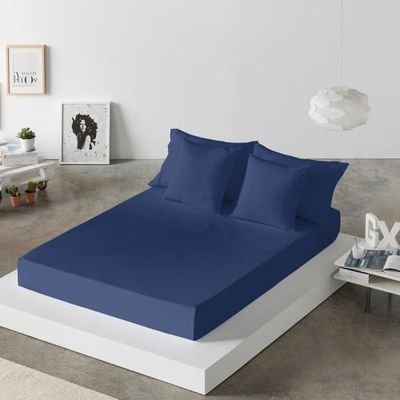 Drap de lit en coton bleu marine 250x280 | Maisons du Monde