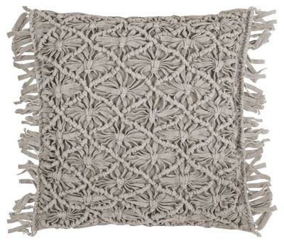 Housse de coussin à franges 100% coton lavé macramé gris taupe 45x45 | Maisons du Monde