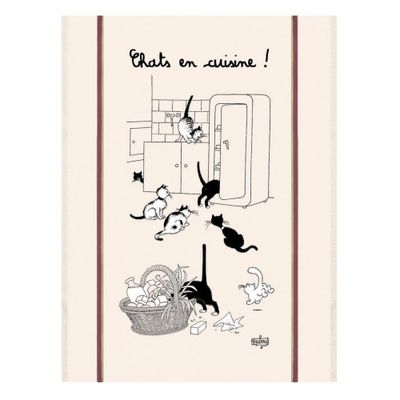 Grand torchon dubout chats en cuisine en coton ecru 60 x 80 | Maisons du Monde
