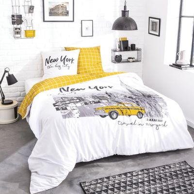 Parure de lit imprimée en coton jaune 140x200 | Maisons du Monde