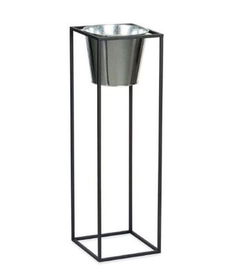 Cache-pot sur pied en métal noir et pot argenté H80cm | Maisons du Monde