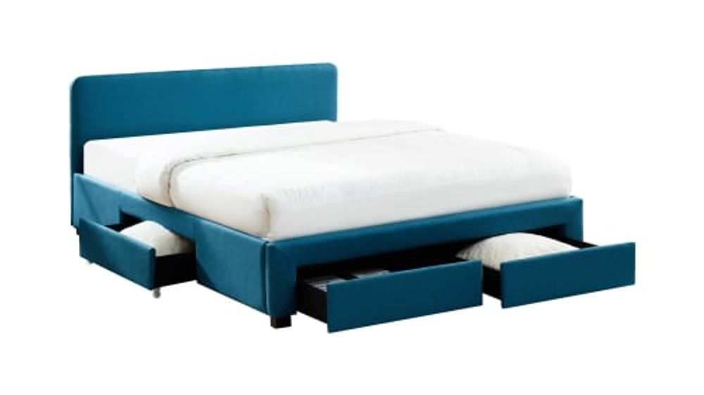 Lit à tiroirs en tissu bleu canard 140x190 avec sommier et tête de lit | Maisons du Monde