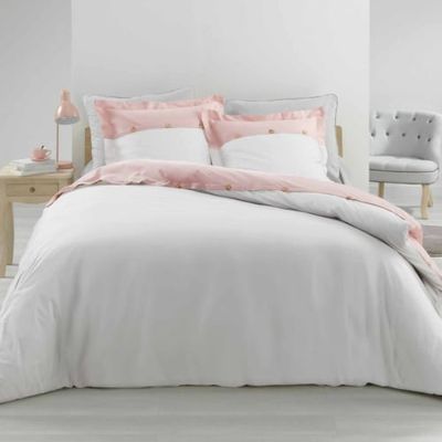 Parure de lit finition boutons bois coton rose/blanc 220x240 | Maisons du Monde