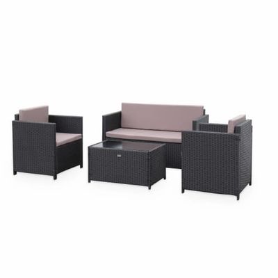 Salon de jardin 4 places en résine tressée chocolat coussins marrons | Maisons du Monde
