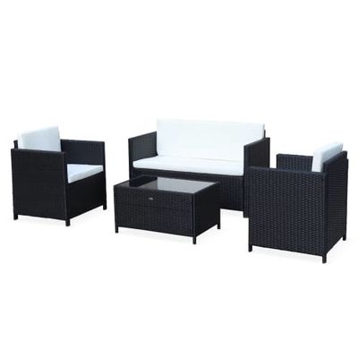 Salon de jardin places en résine tressée noir avec coussins écrus | Maisons du Monde
