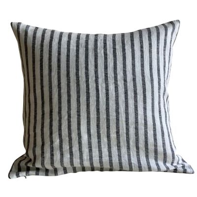 Coussin en lin lavé rayé noir/crème 45x45 | Maisons du Monde