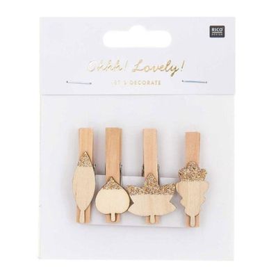 8 pinces clip en bois feuilles dorées | Maisons du Monde