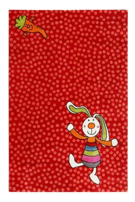 Tapis chambre enfant motif lapin coloré sur fond pois rouge 80x150 | Maisons du Monde