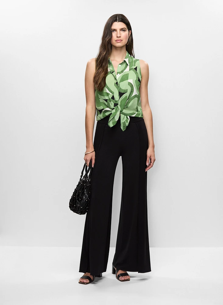 Sleeveless Geometric Print Blouse & High Slit Flare Leg Pants