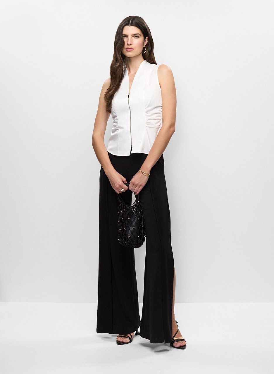 Zippered Sleeveless Top & High Slit Flare Leg Pants