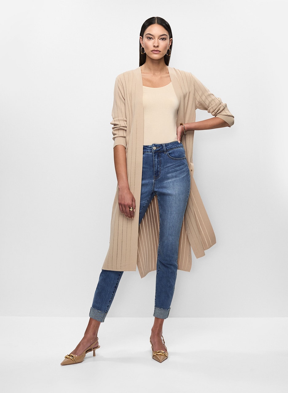 Rib Knit Duster Cardigan & Slim Fit Cuffed Jeans