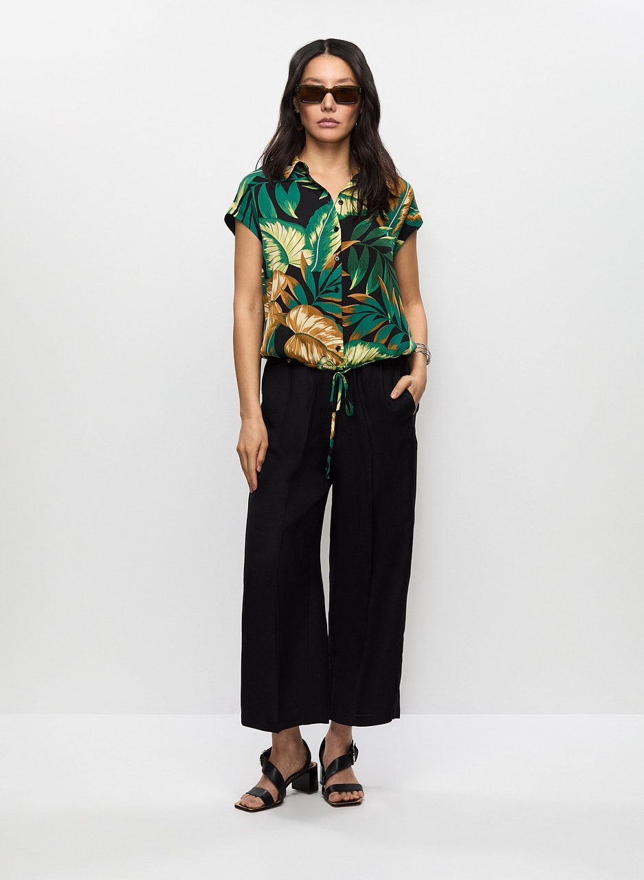 Palm Print Drawstring Hem Blouse