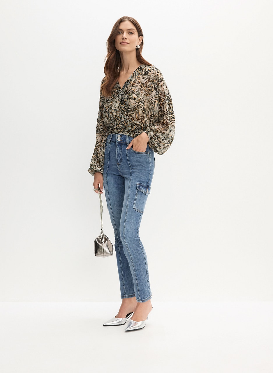 Faux-Wrap Blouse & Slim Leg Cargo Jeans