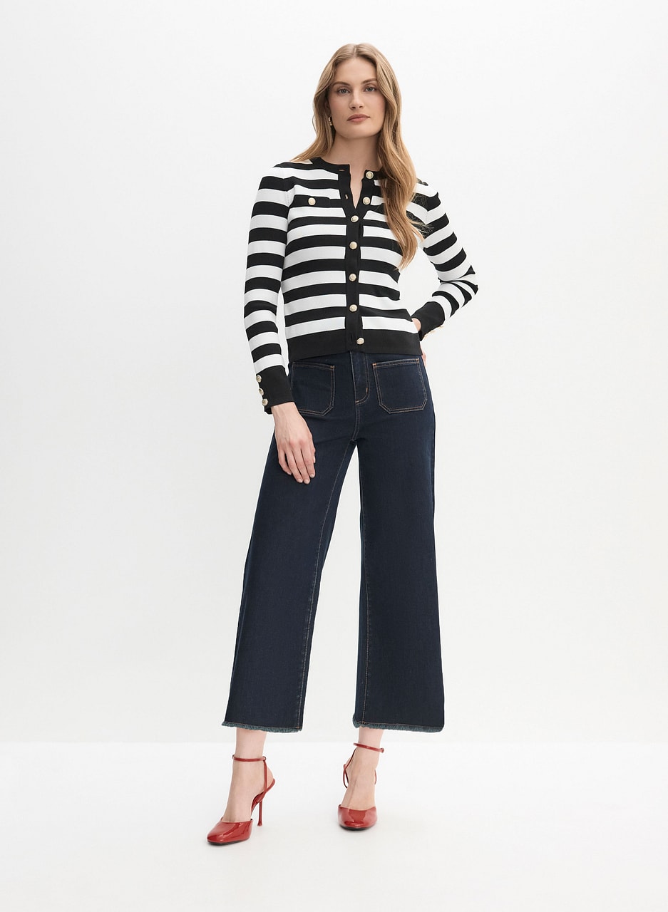 Striped Button-Up Sweater & Wide Leg Culotte Jeans
