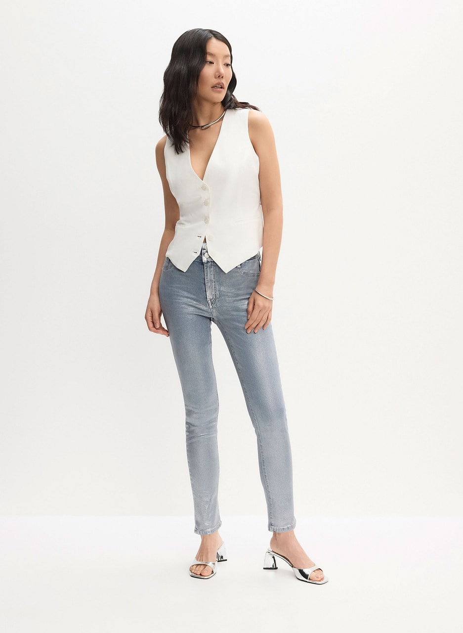 Tencel-Linen Vest & High-Rise Metallic Jeans