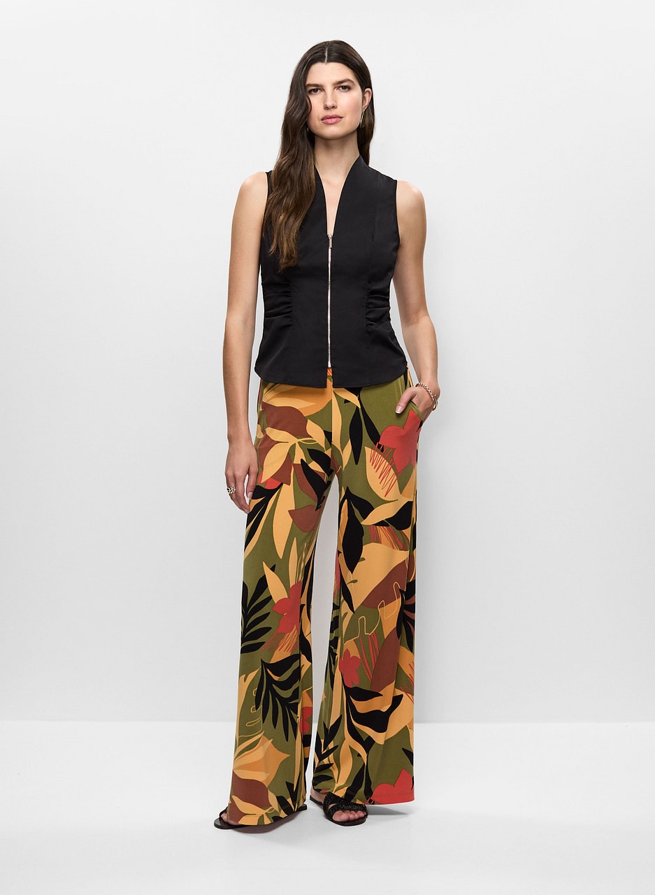 Zippered Sleeveless Top & Tropical Print Flare Leg Pants