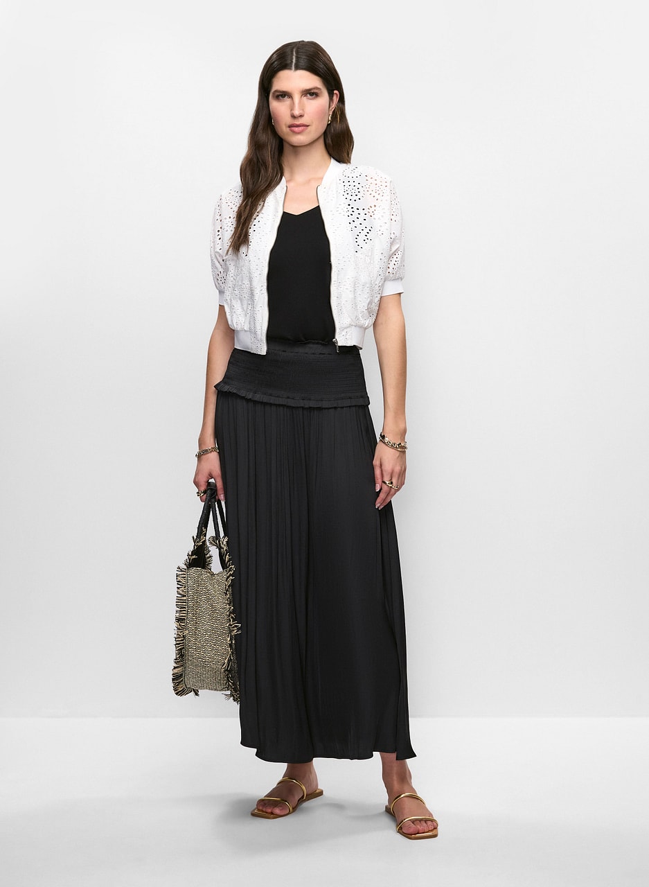 Eyelet Bomber Jacket & Shirred Waist Satin Maxi Skirt