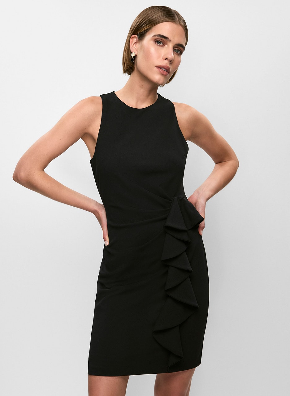 Sleeveless Side-Ruffle Crepe Dress