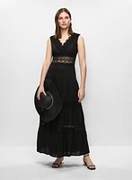 Linen-Blend Lace Insert Dress