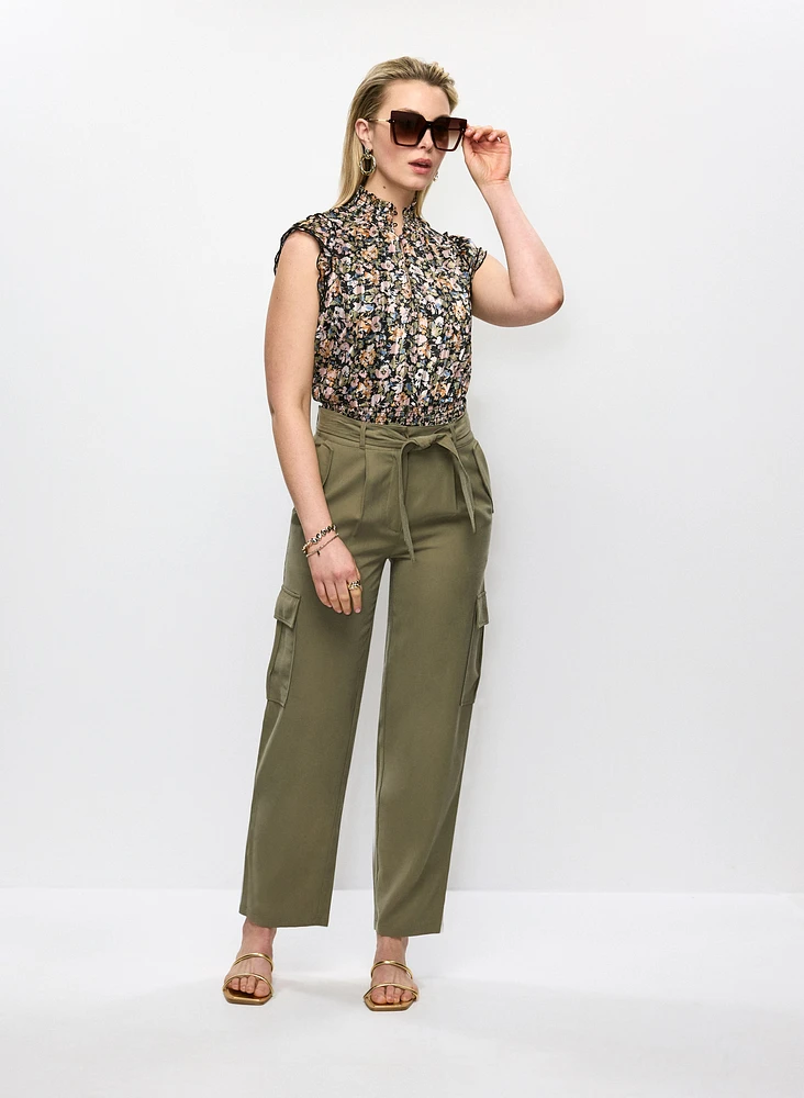 Ruched Hem Floral Blouse & Cargo Pants