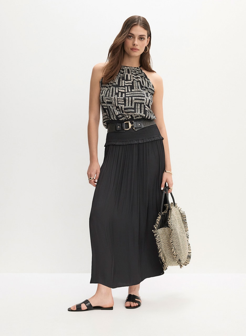 Sleeveless Geometric Print Top & Shirred Waist Satin Maxi Skirt