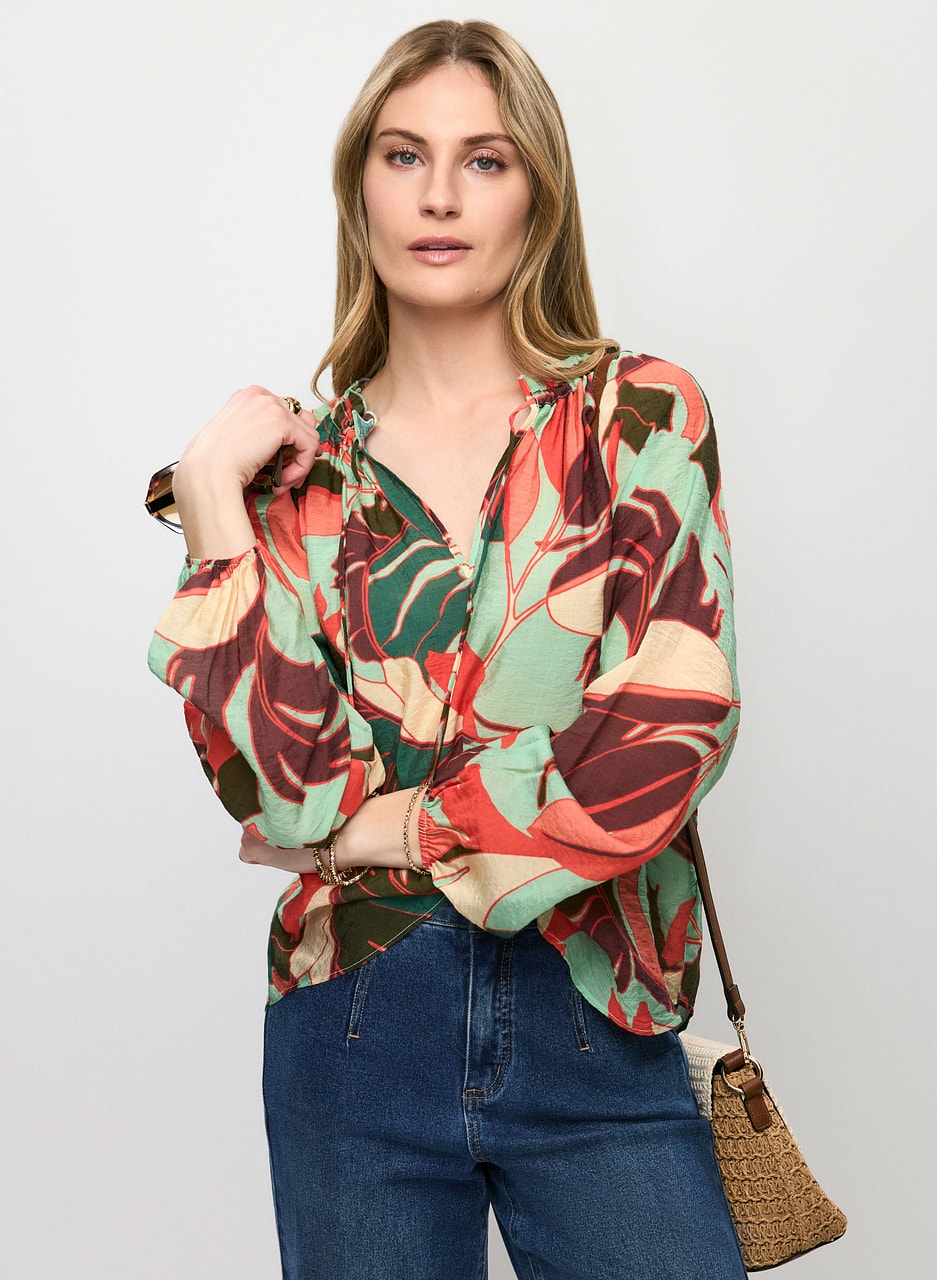 Puff Sleeve Geometric Print Blouse