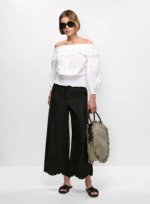 Off-the-Shoulder Blouse & Embroidered Cropped Pants