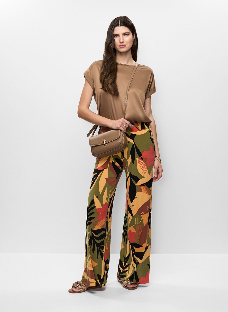 Satin T-Shirt & Tropical Print Flare Leg Pants