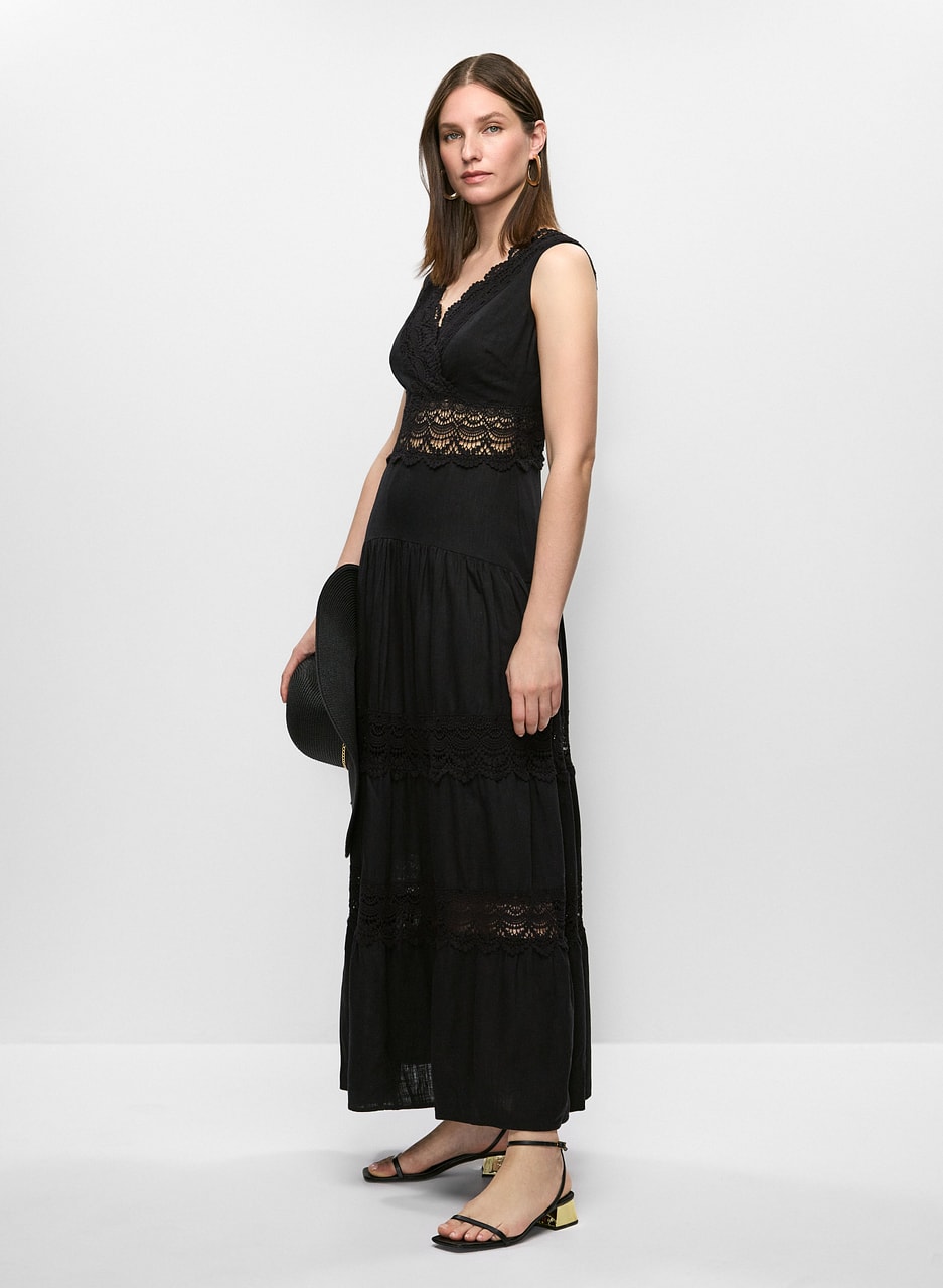 Linen-Blend Lace Insert Dress